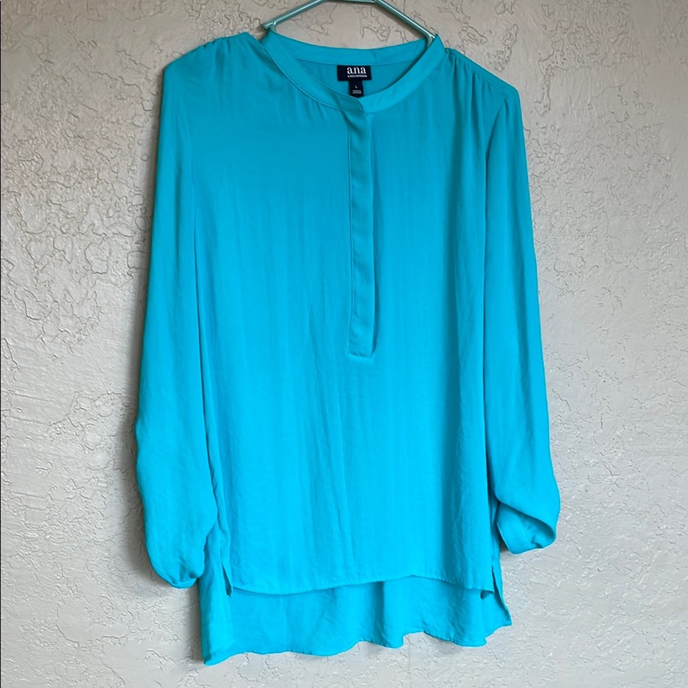 a.n.a Blue Buttoned Blouse with Mandarin Collar
